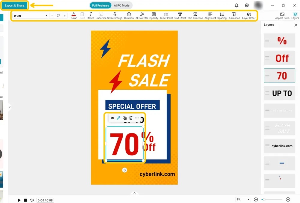 The number 70 selected on the poster with the text toolbar and the Export and Share button highlighted