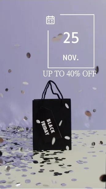 The Black Friday video template as it opens, reading 25 Nov. and Up to 40% off above a black shopping bag