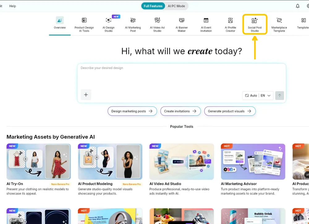 The Promeo Home page with Social Post Studio highlighted in the top row of tools