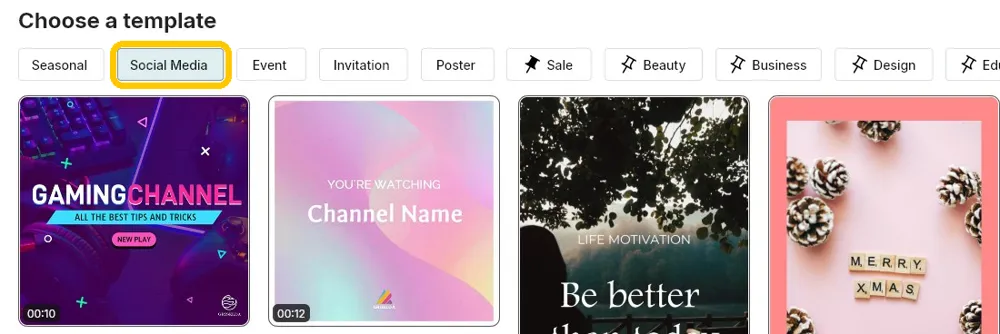 The Choose a template section with the Social Media category highlighted above video templates with duration badges
