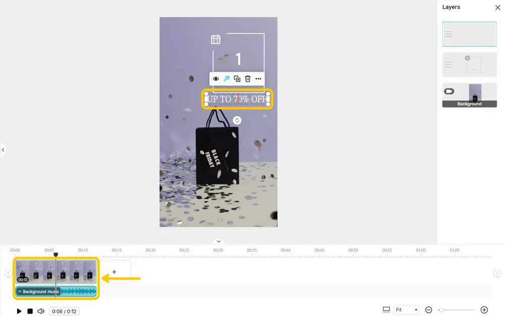 The discount line being edited on the canvas, and the clip with its background music on the timeline highlighted