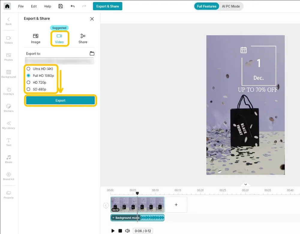 The Export and Share panel with the Video tab, the quality options and the Export button highlighted