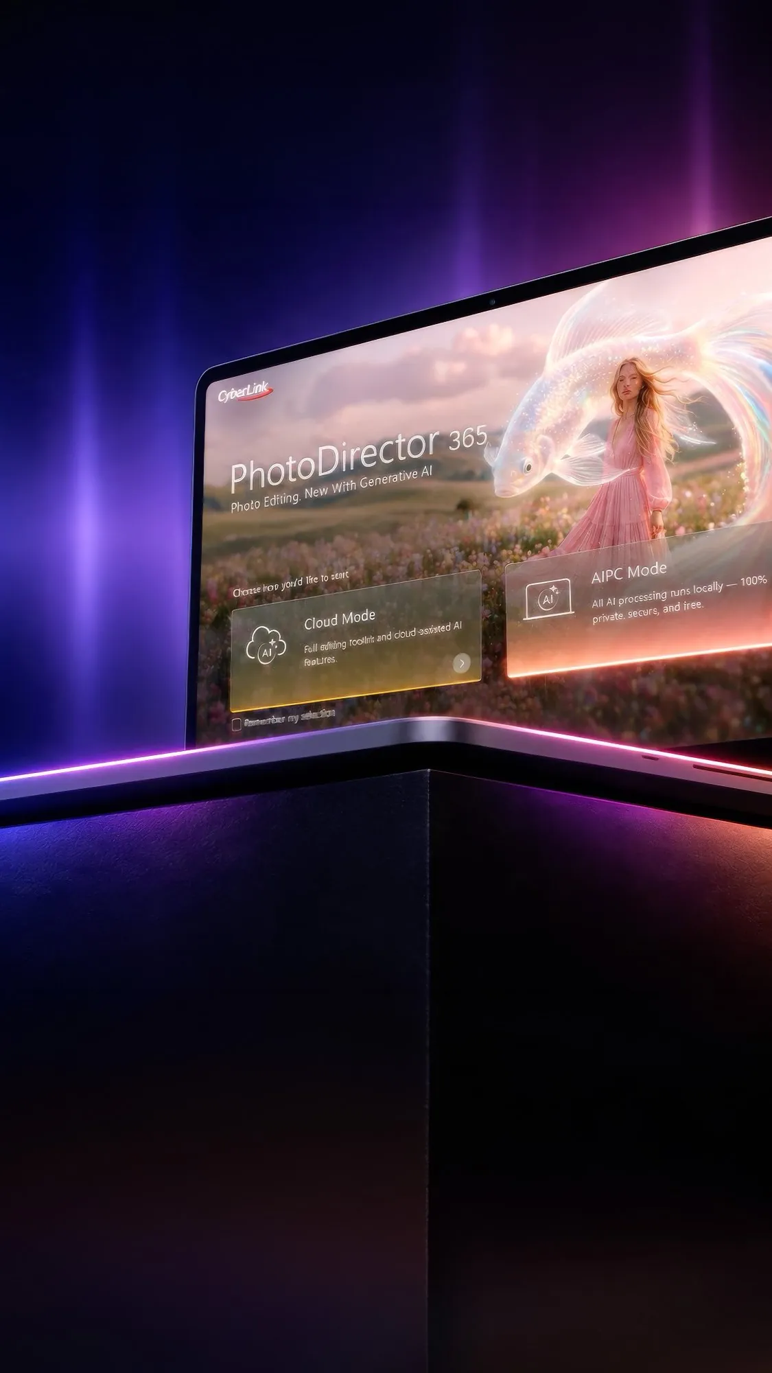 Un laptop AI con tecnologia NVIDIA e CyberLink si apre e mostra le schermate della Modalità PC AI di PhotoDirector e Promeo.