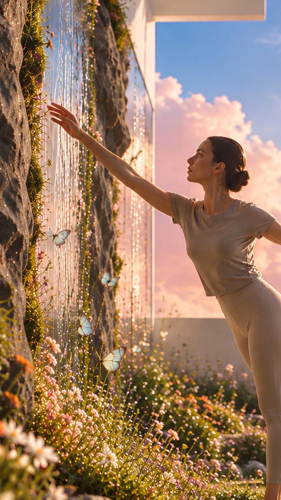 Una ballerina si muove liberamente, fluida e creativa, trasformando lo spazio intorno a sé in una scena surreale e onirica.