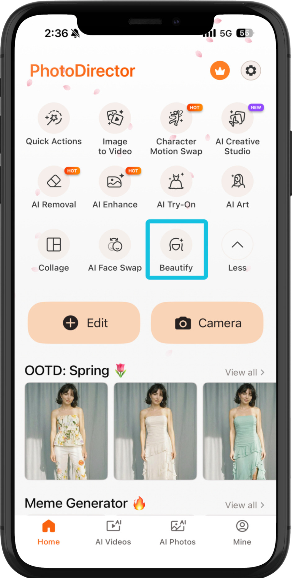 highlight the retouch feature section of PhotoDirector's launcher