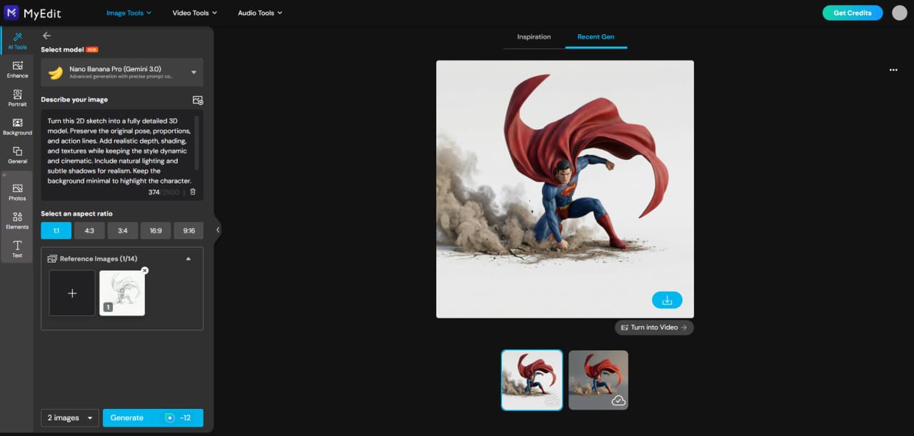Final 3D model generated from 2D sketch using MyEdit AI