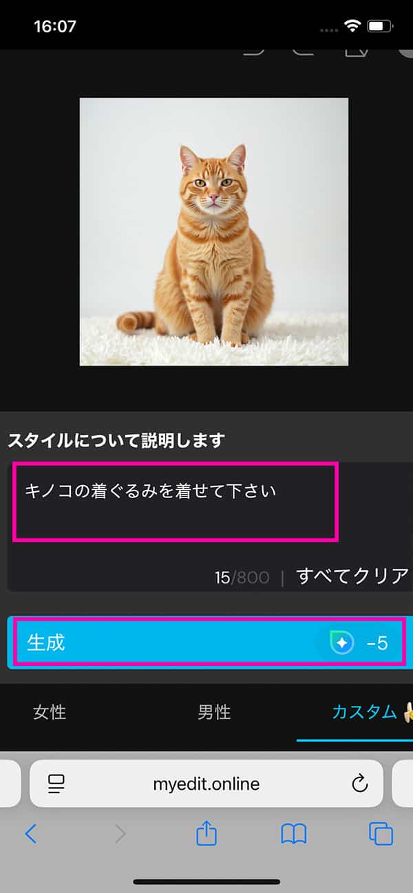 MyEdit AI フィルター 生成内容を入力