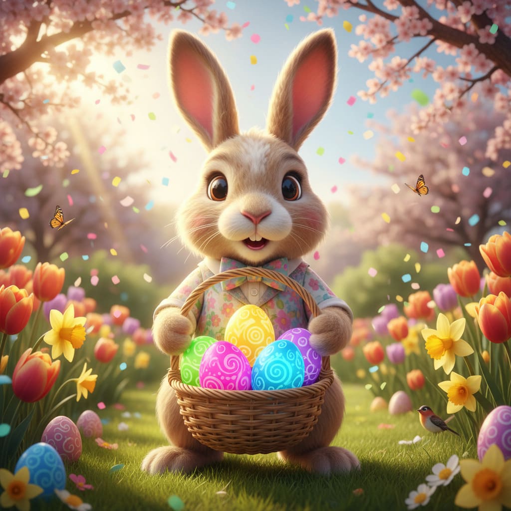 Lapin de Pâques 3D tenant un panier d’œufs lumineux - image IA