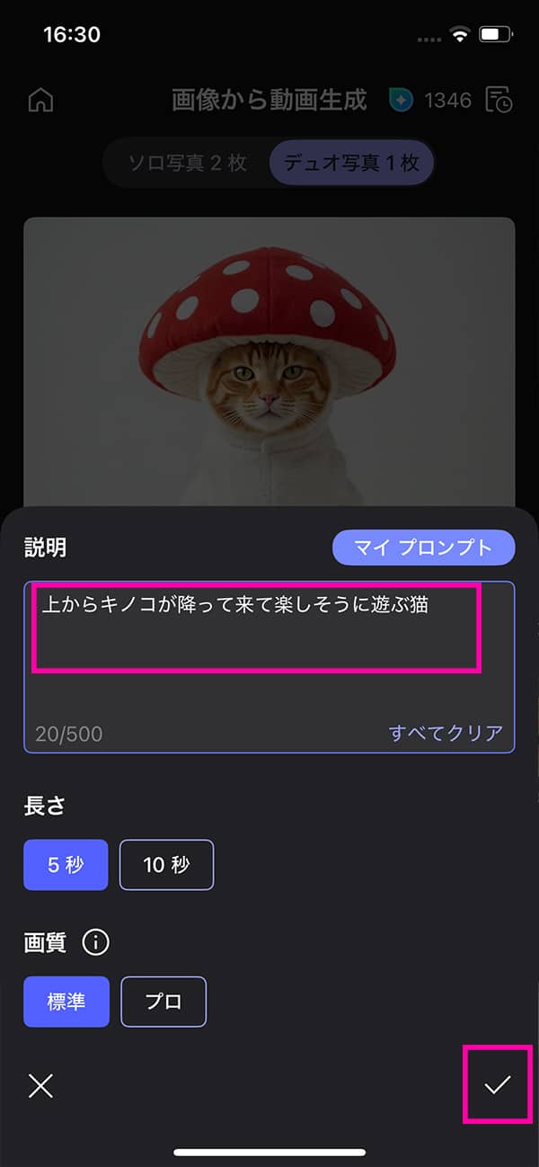 MyEdit AI 画像から動画生成 カスタムを入力