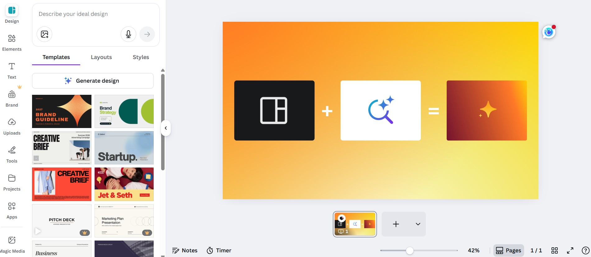 UI de Canva para crear PPT con inteligencia artificial