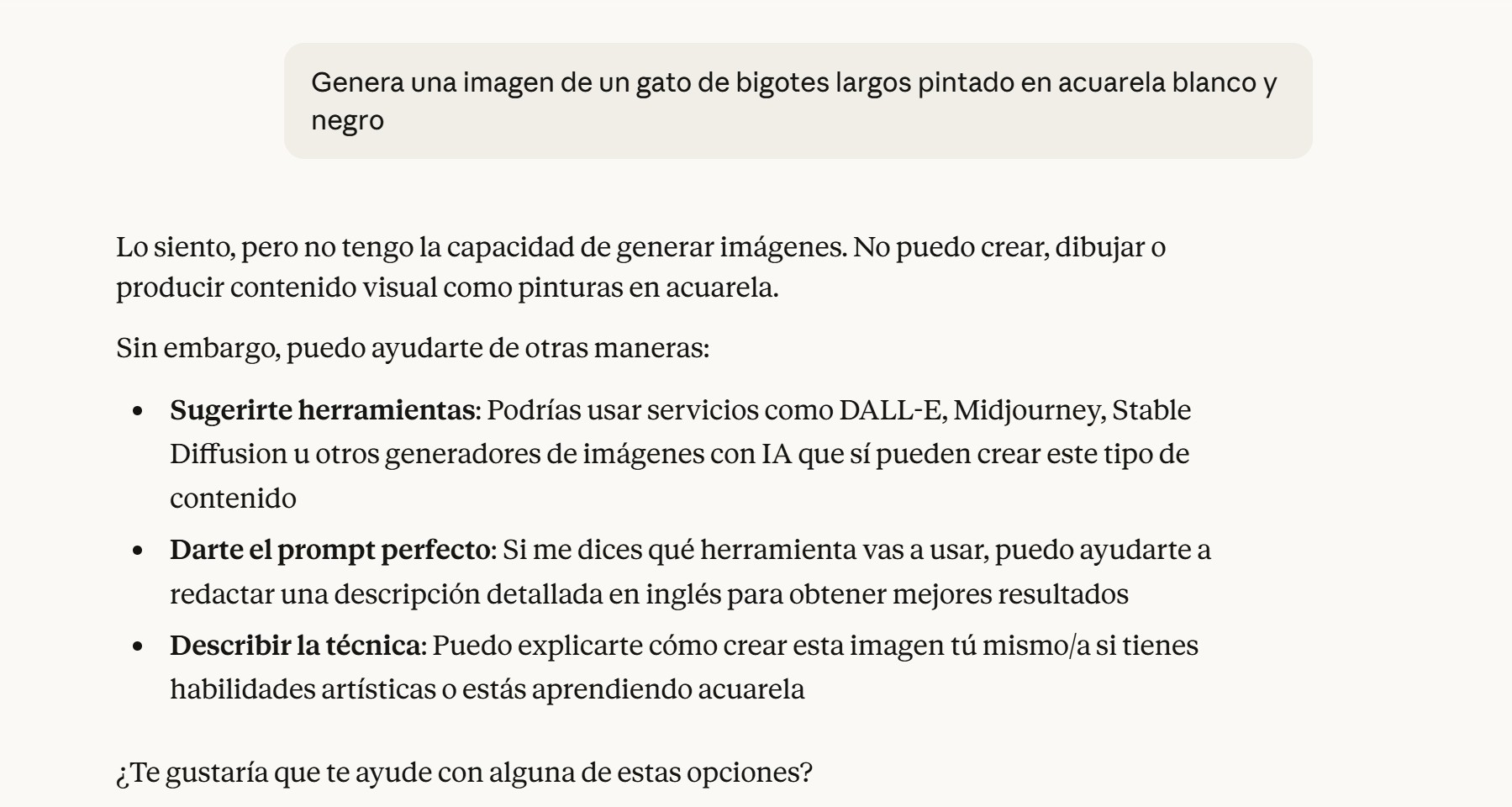 Respuesta de Claude al pedirle que genere una imagen