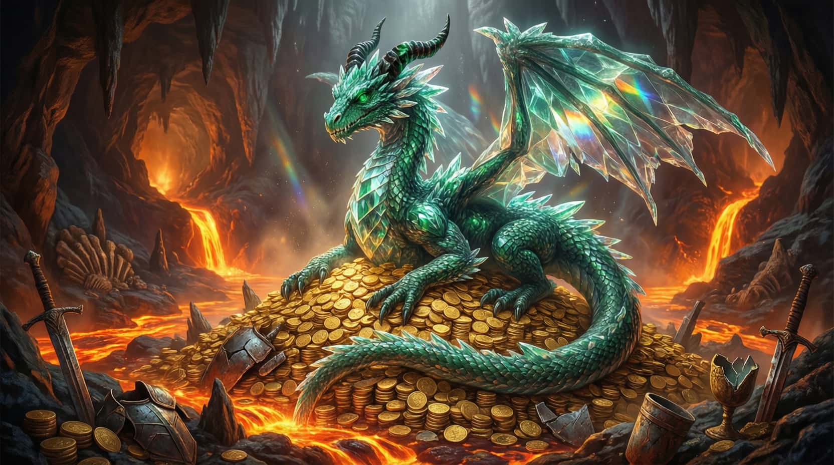 Imagen de dragón esmeralda en una cueva generada con Qwen Imagen