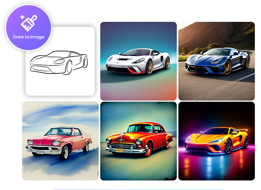 a car sketch and 5 generated images in different styles made with MyEdit