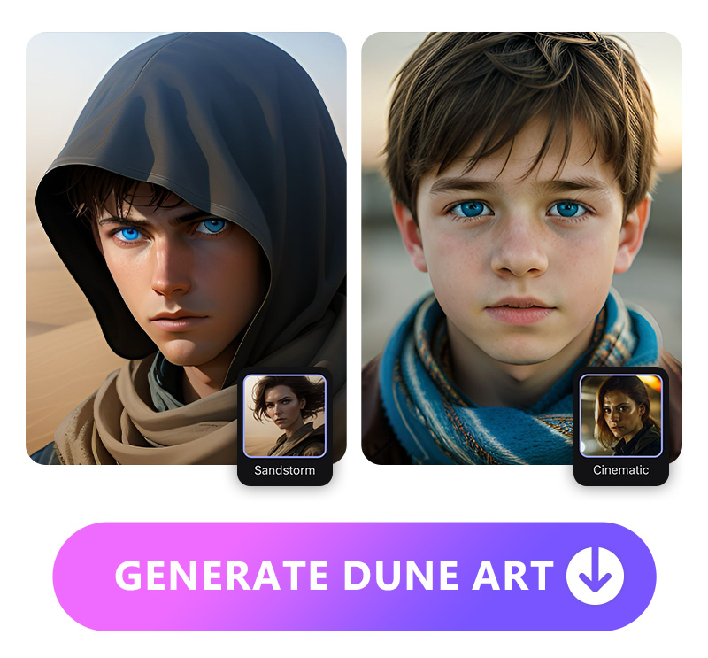 2 Dune-style characters generated by Vivid AI's text to image feature in Sandstorm and Cinematic styles