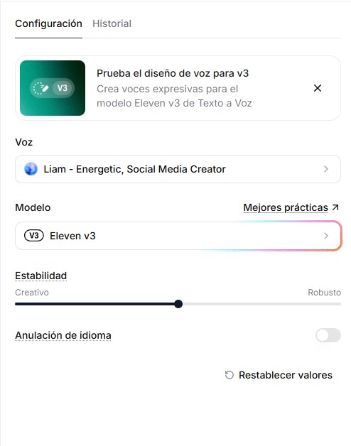 Interfaz del generador de texto a voz de ElevenLabs