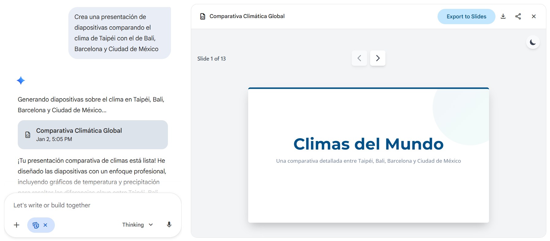 UI de Gemini para crear PPT con inteligencia artificial