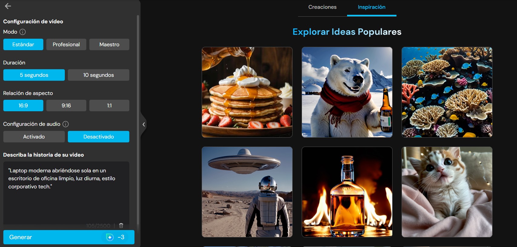 UI del Generador de videos con IA de MyEdit
