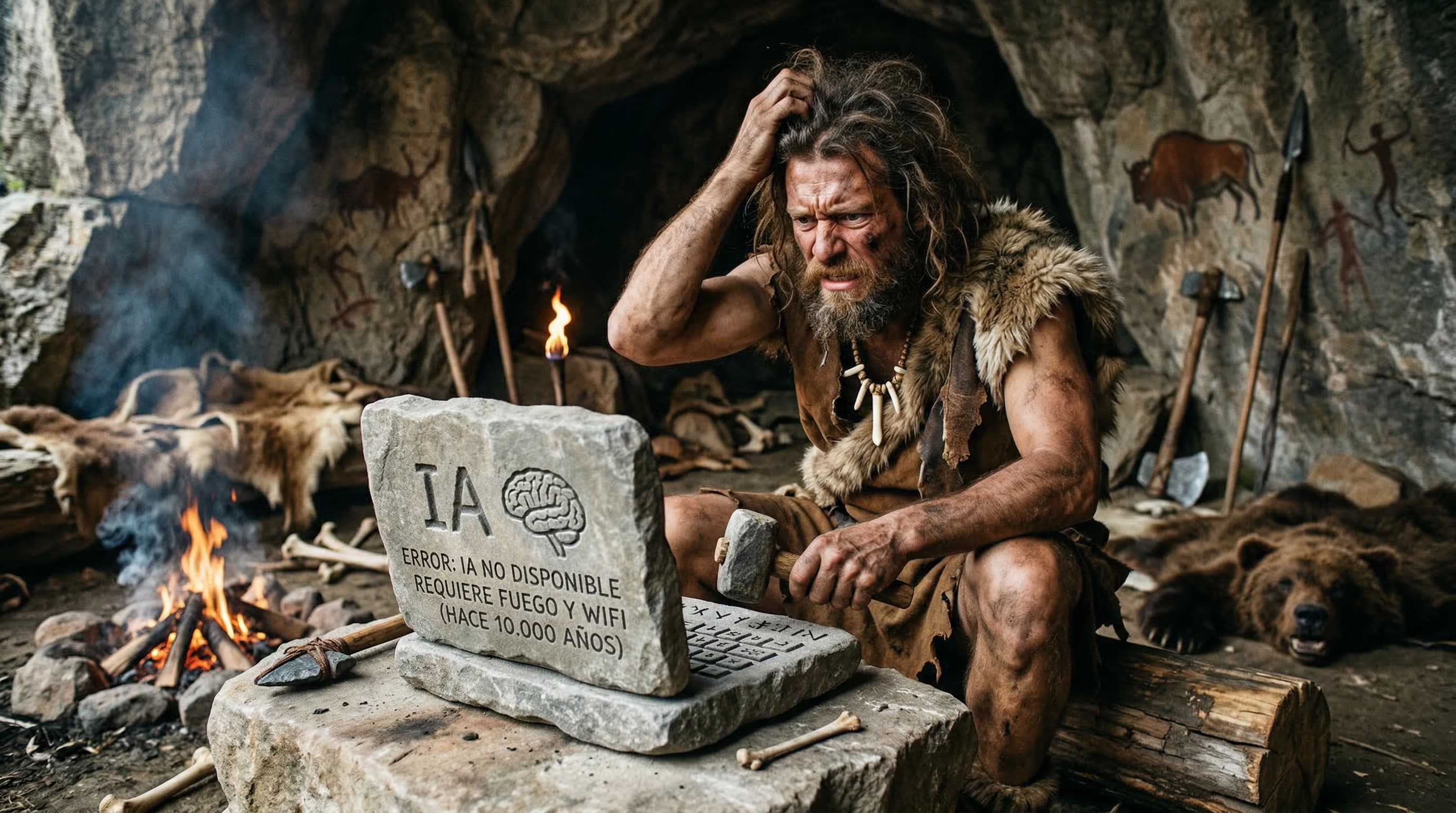 Hombre de la edad de piedra frustrado porque no puede usar IA