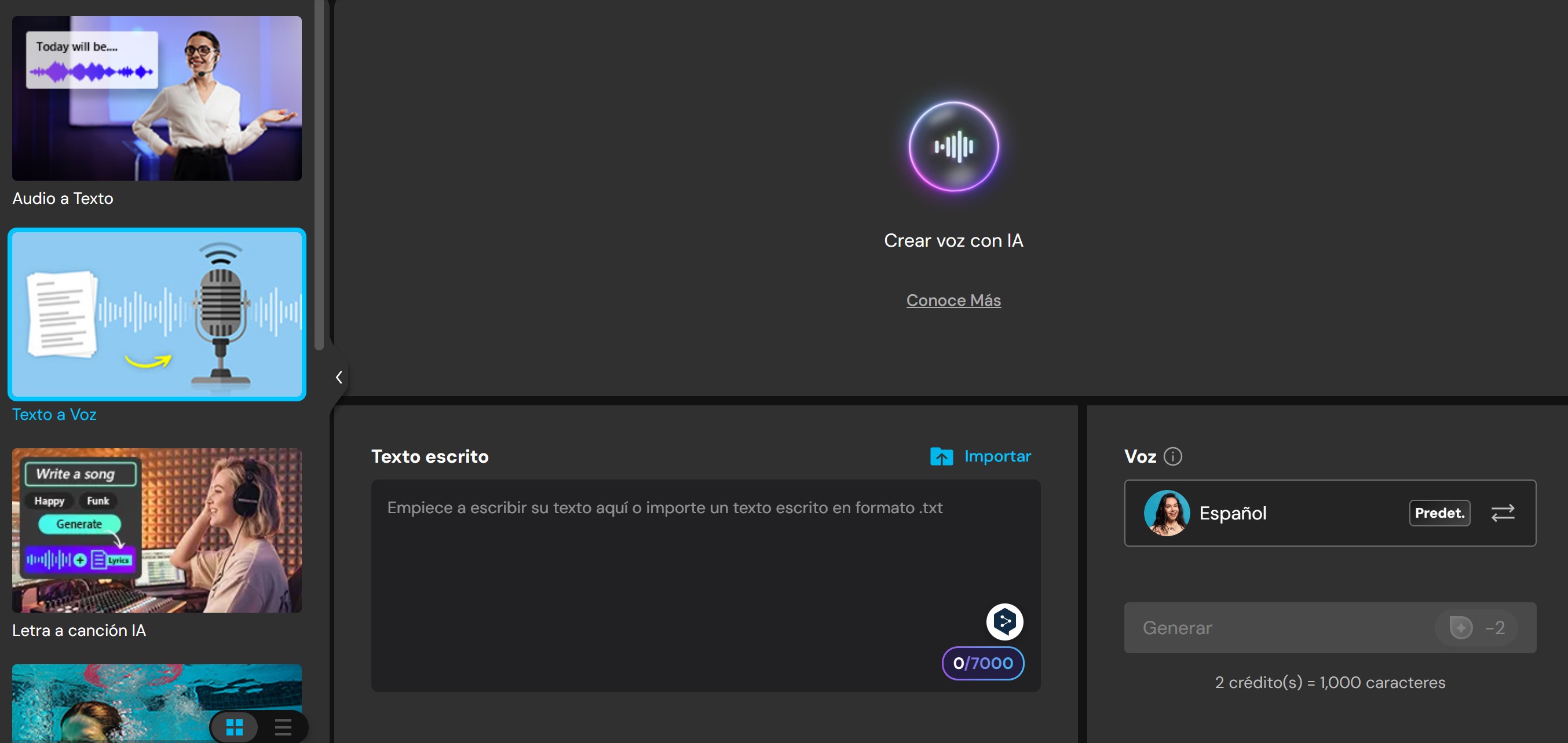 Interfaz de la herramienta Texto a Voz de MyEdit