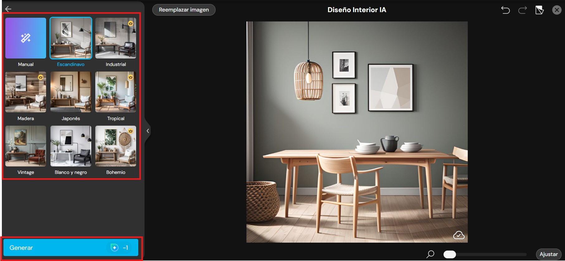 UI de MyEdit con la herramienta Diseño de Interiores IA