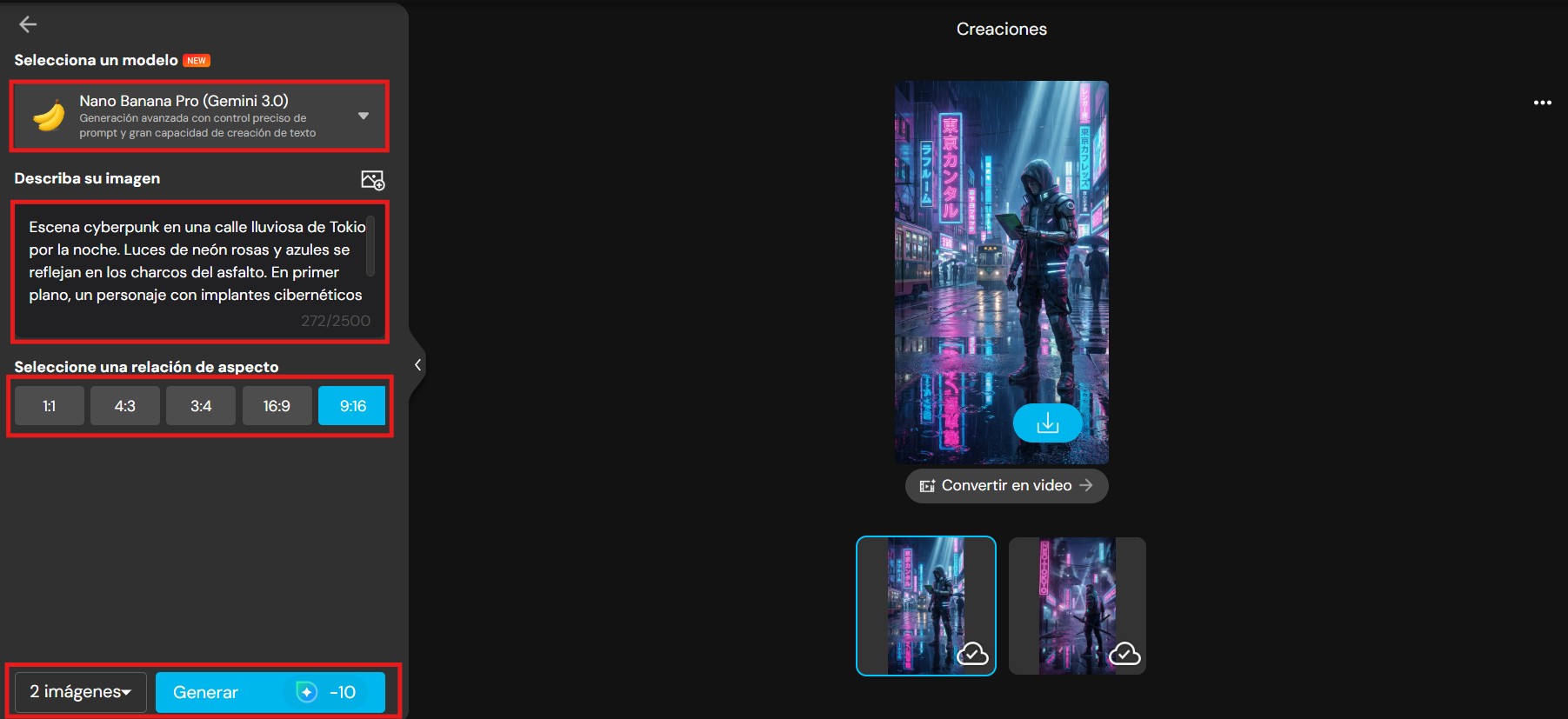 UI de MyEdit para crear imágenes con prompts