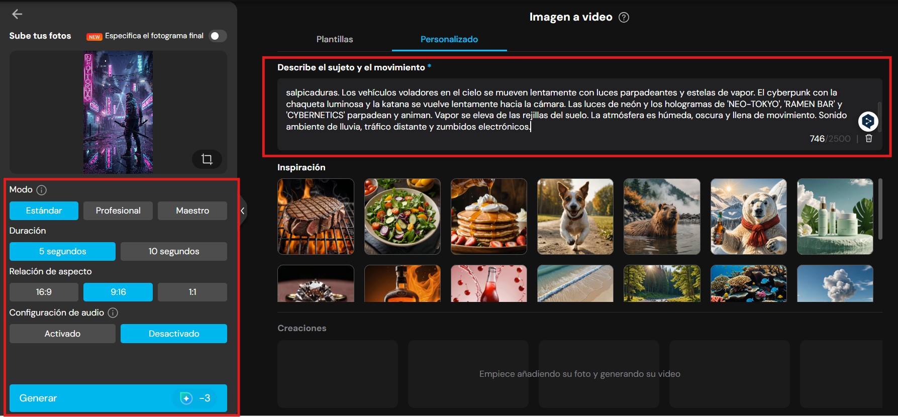 UI de MyEdit para crear videos con IA