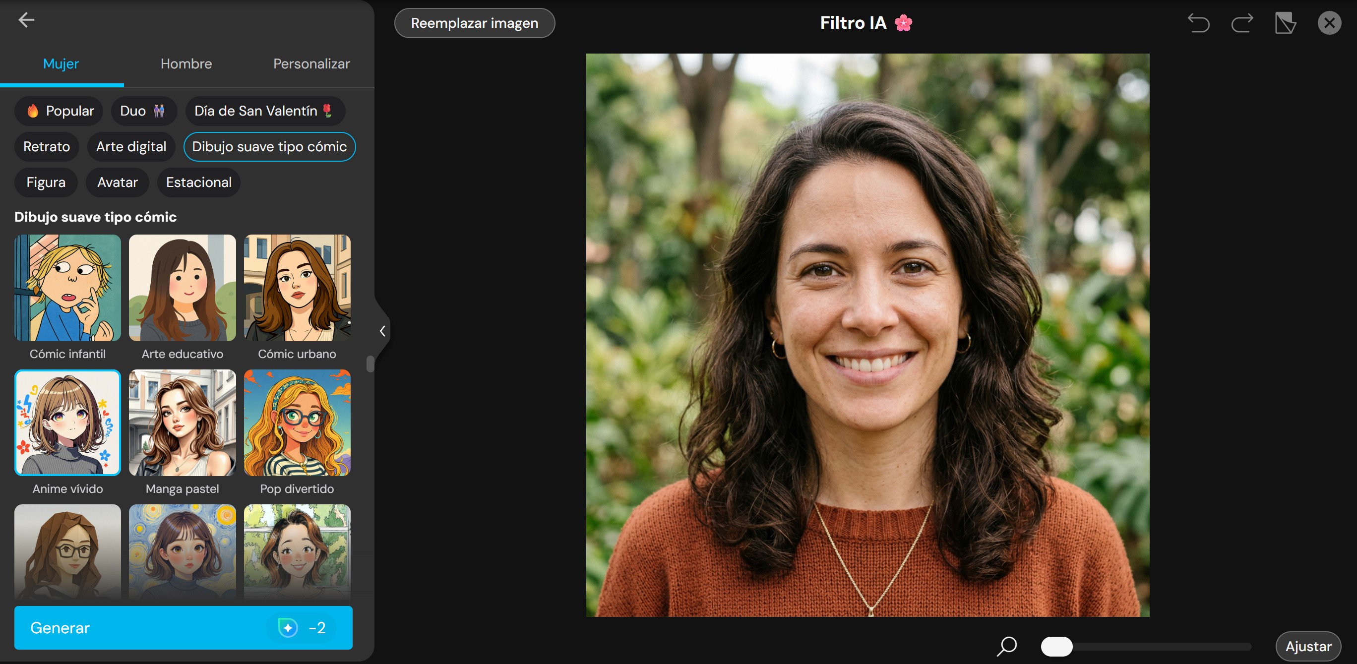 Interfaz de la función Filtro IA de MyEdit