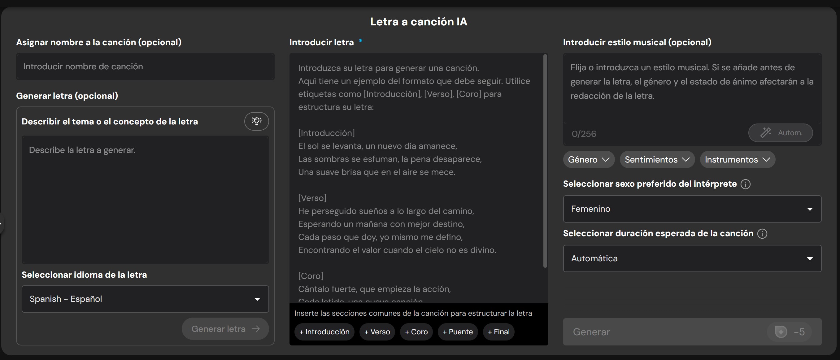 Interfaz del generador de música de MyEdit