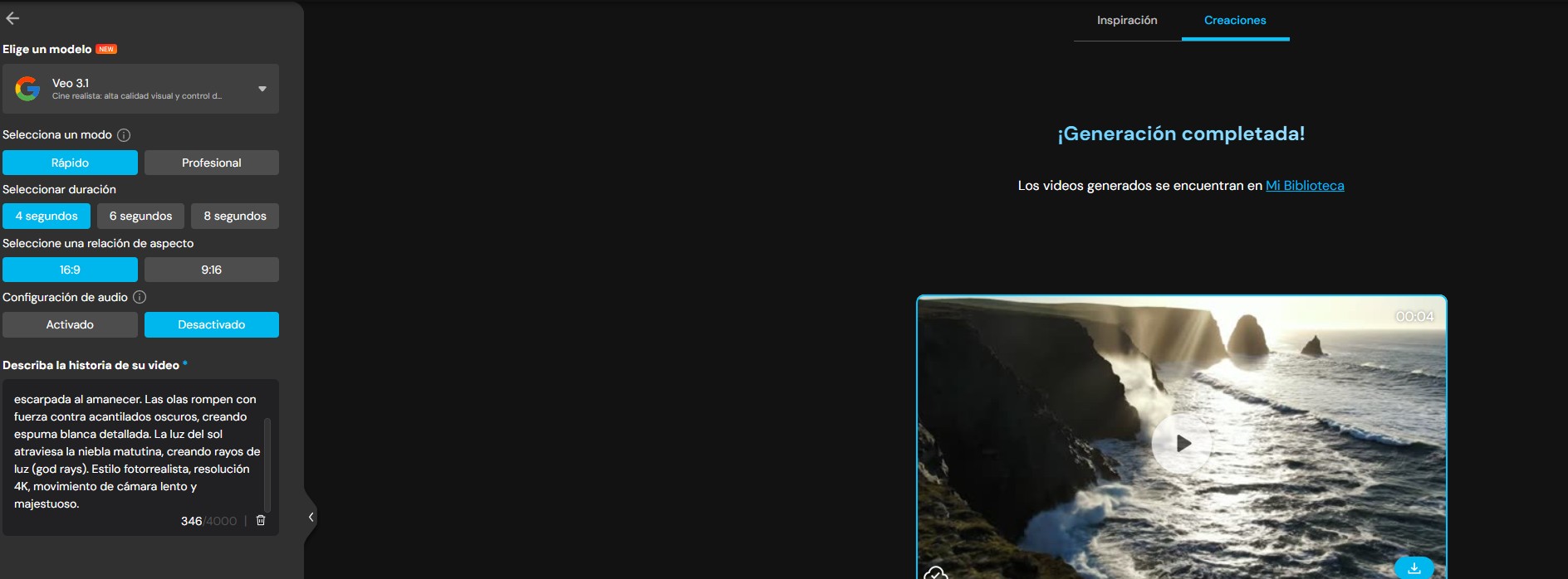 Interfaz de ususario del generador de videos con IA de MyEdit