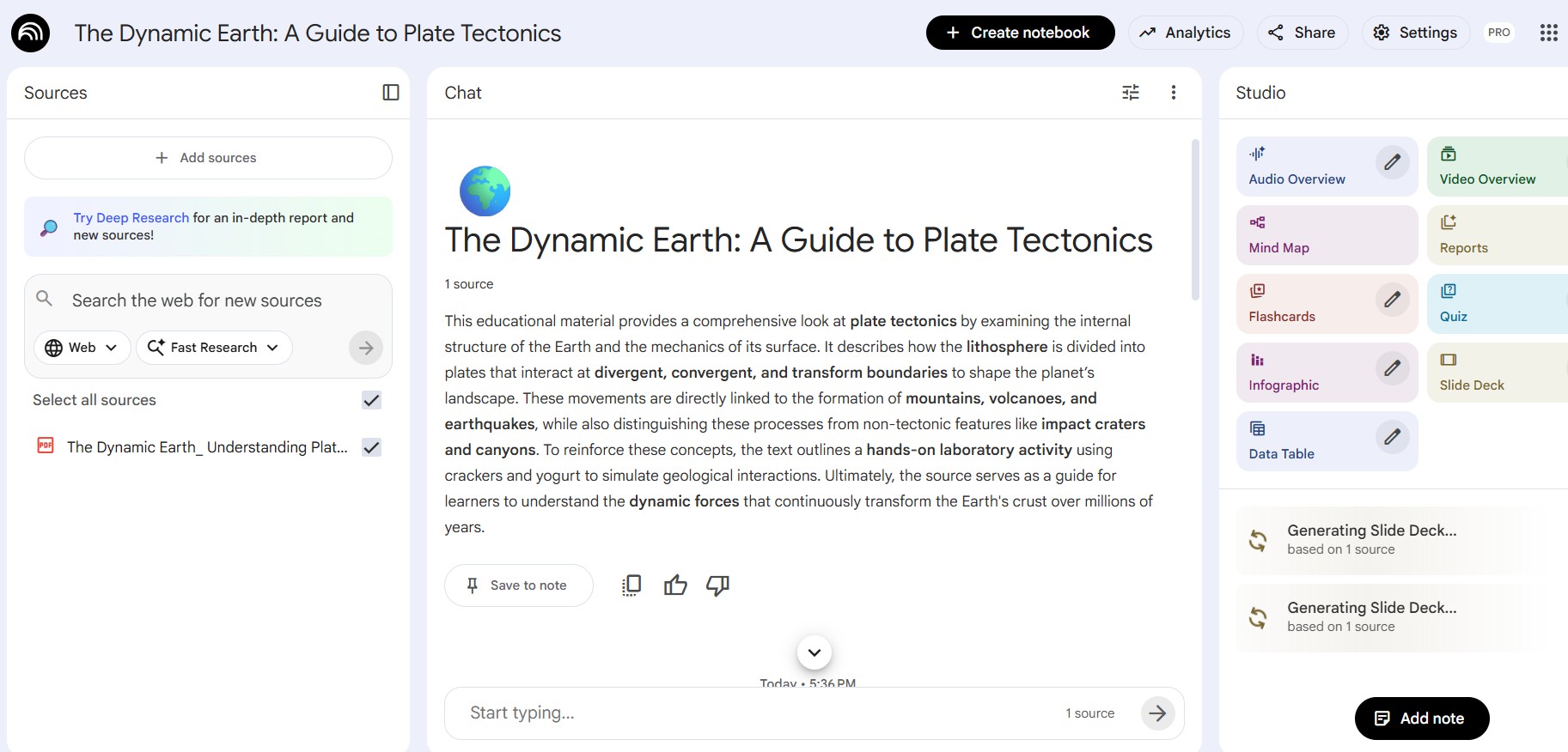 UI de NotebookLM para crear PPT con inteligencia artificial