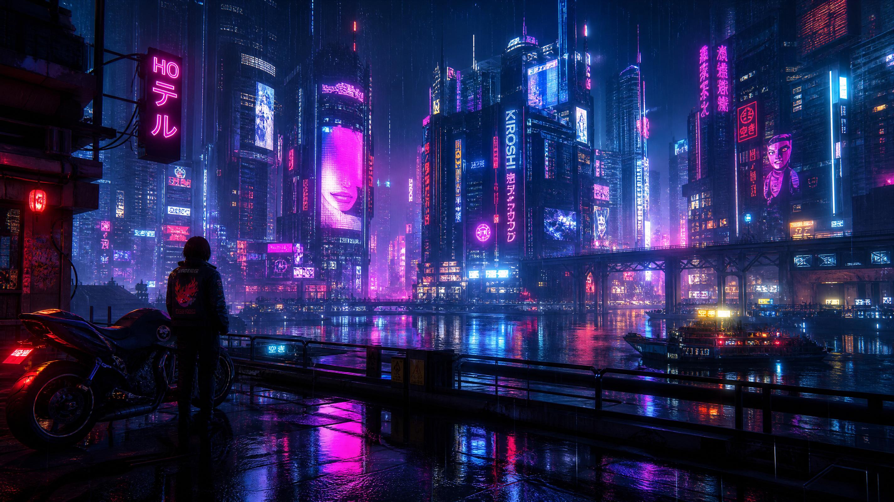 Imagen de ciudad cyberpunk generada con MyEdit