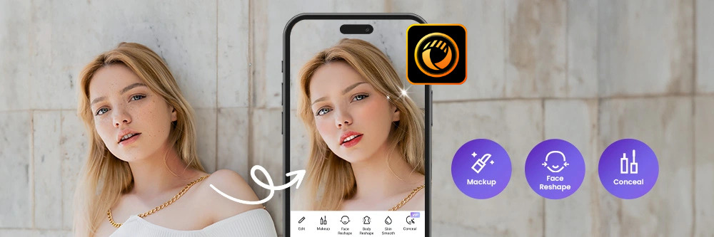 the original girl photo at the background and retouched photo with PhotoDirector's UI and lgoo icon