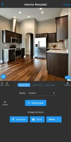 Interfaz de la app para diseño de interiores Remodel AI