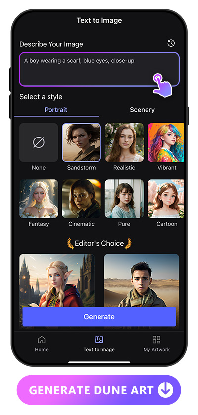 Vivid AI UI of text to image feature and highlight the text prompt to generate Dune-style images