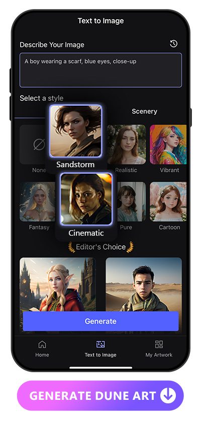 Vivid AI UI of text to image feature and highlight the Sandstorm and Cinematic styles