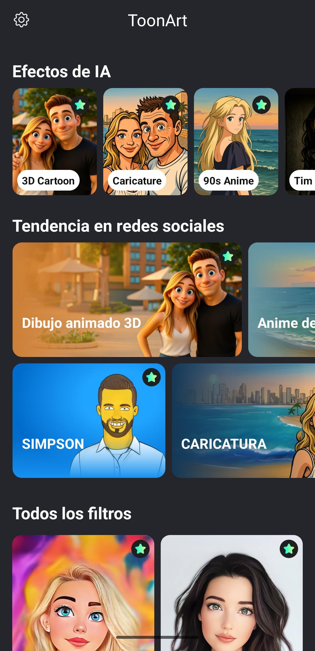 Interfaz de inicio de ToonArt