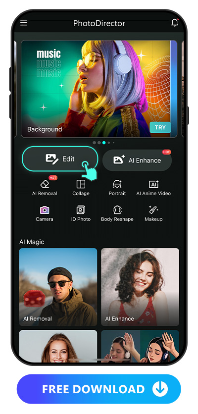 launcher of PhotoDirector and highlight Edit feature icon