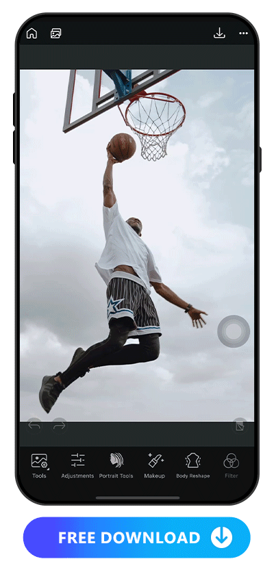 a guy dunked photo and UI of browsing PhotoDirector's photo editing features and highlight Cutout feature