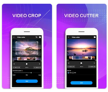 UI of Video Cropper App's crop and trim video features side by side with icon at the upper left side