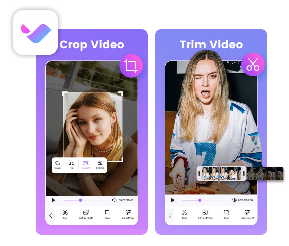 UI of Vivid Cut's crop and trim video features side by side with icon at the upper left side