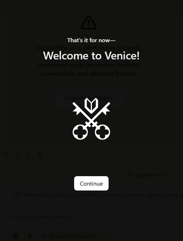 Página de bienvenida de Venice IA