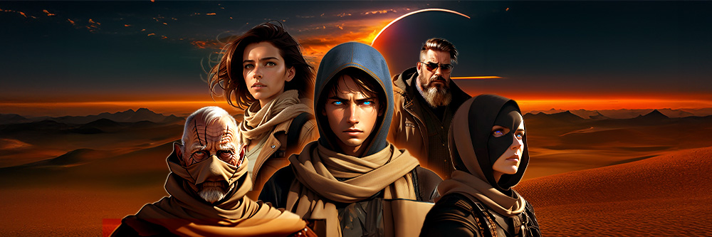 Dune-like characters generated with MyEdit's text to image. AI replace, AI background and AI Cartoon features