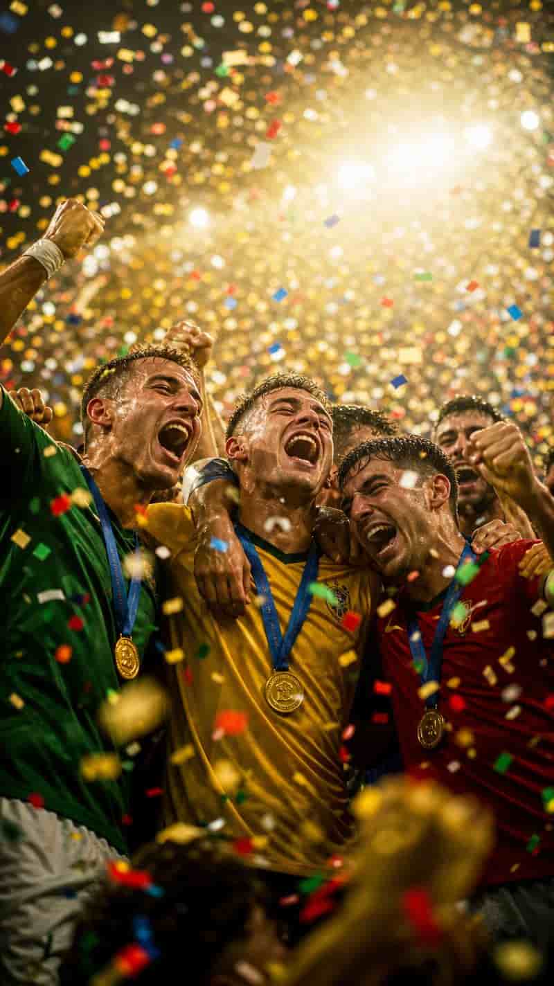 Foto cinematográfica del abrazo de los campeones en el podio de la final del Mundial 2026, generada con IA