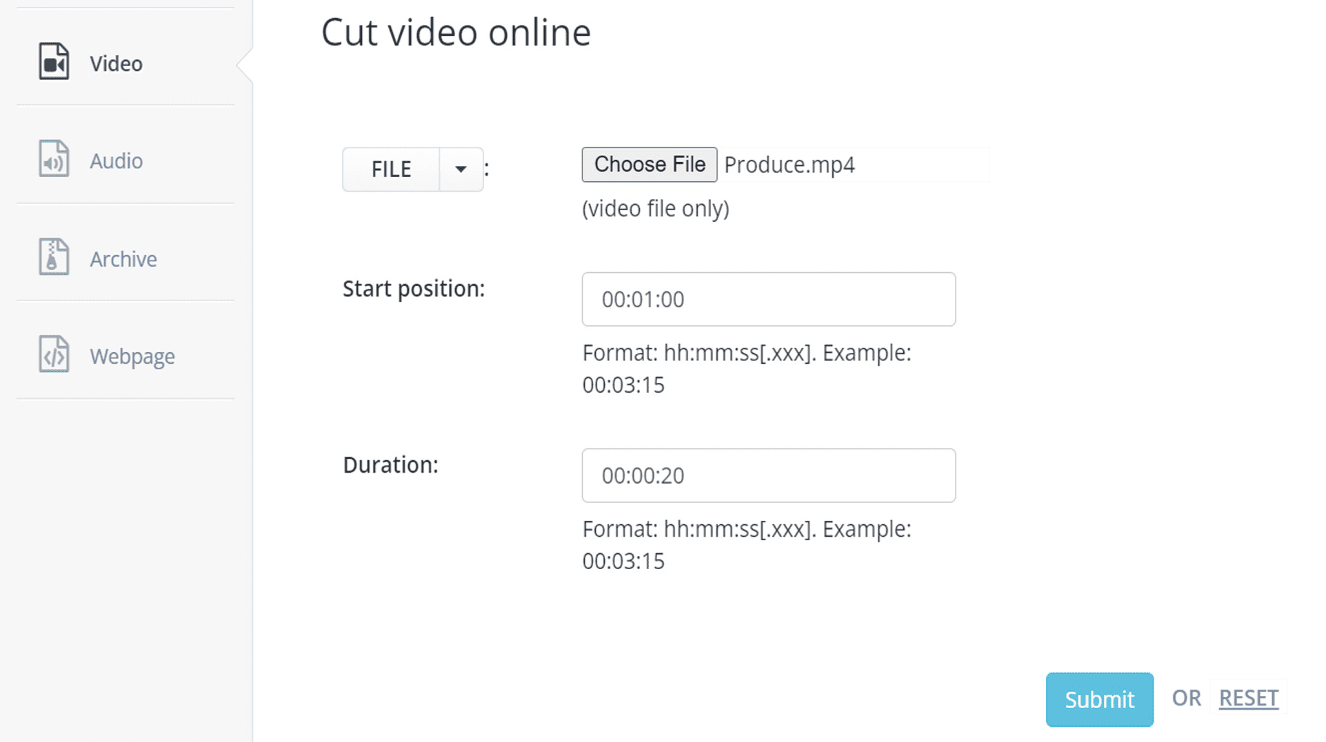 couper une video avec Aconvert