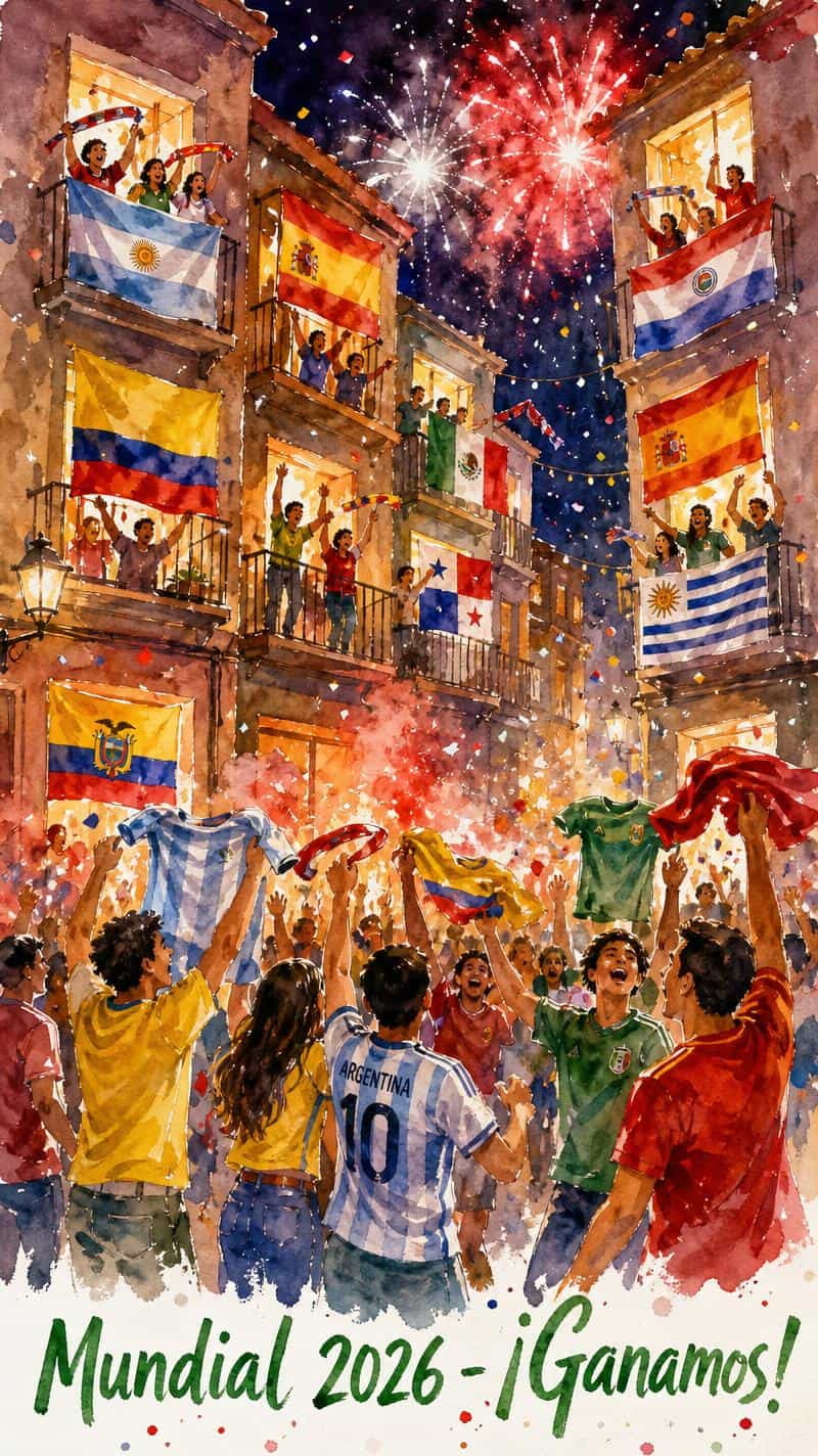 Ilustración acuarela del festejo en el barrio después de un partido del Mundial 2026, generada con IA