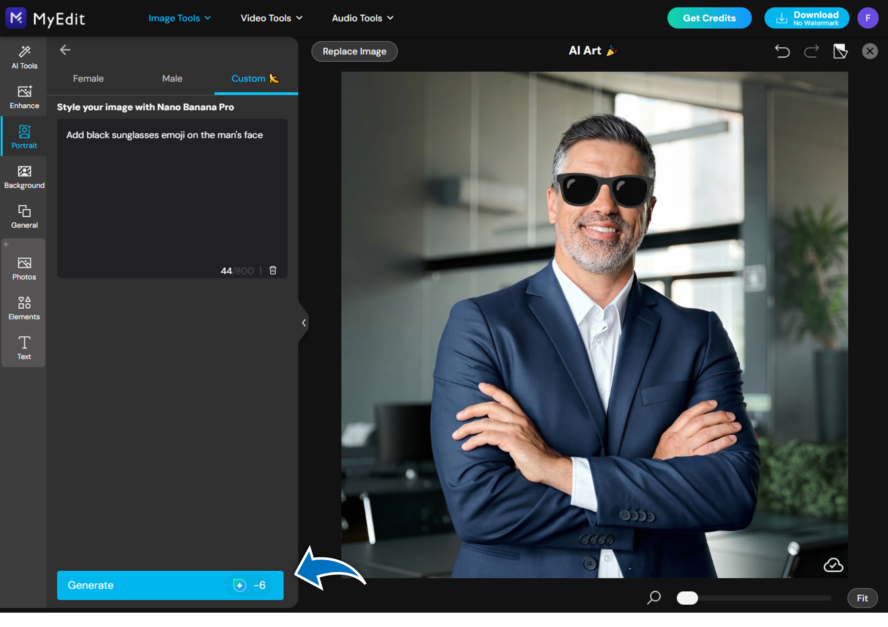 Add emoji to photo using MyEdit AI Art Filter
