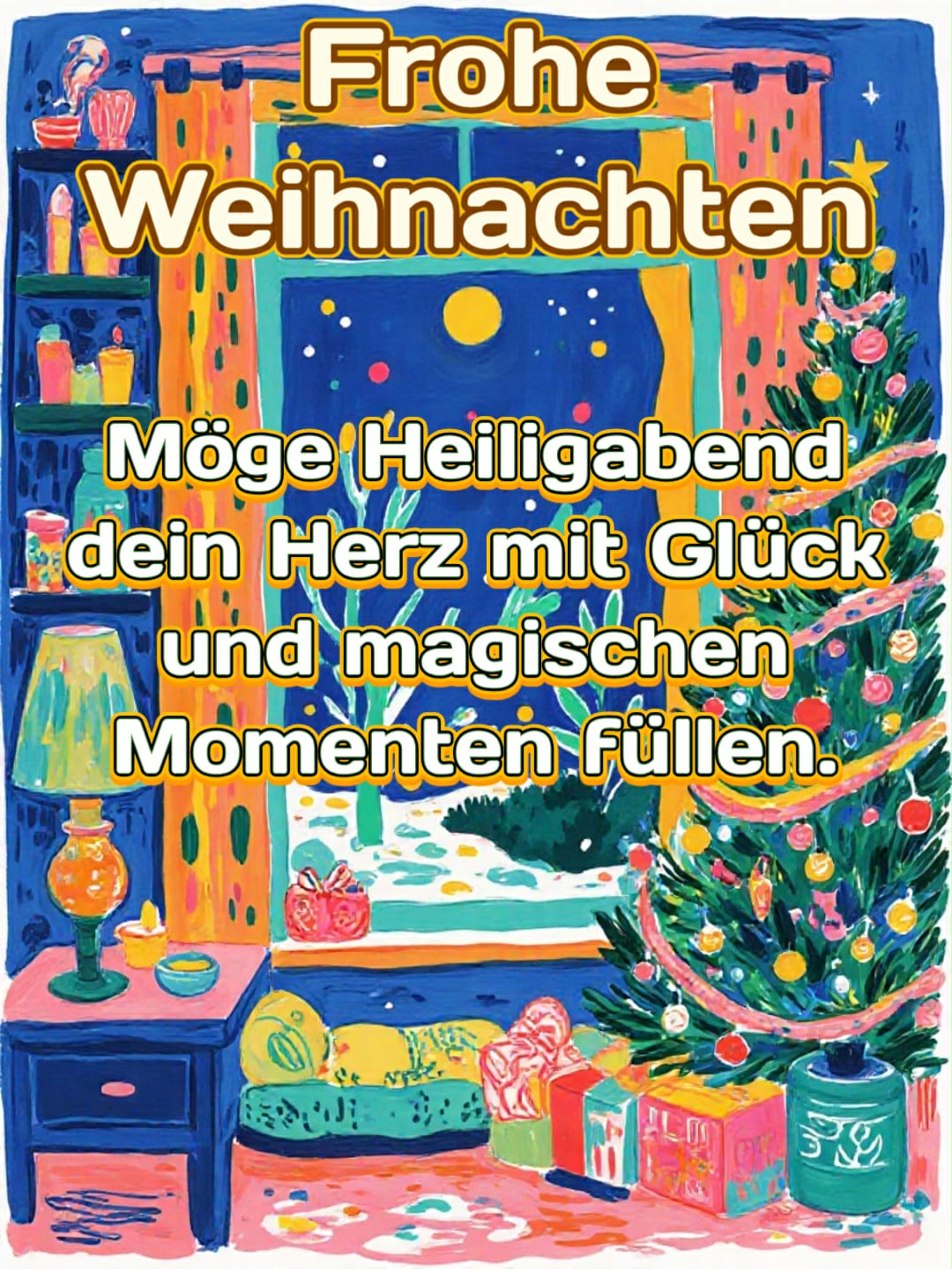 Advent-Bild mit Gruß: 'Frohe Weihnachten! Möge Heiligabend dein Herz
mit Glück und magischen Momenten füllen.'