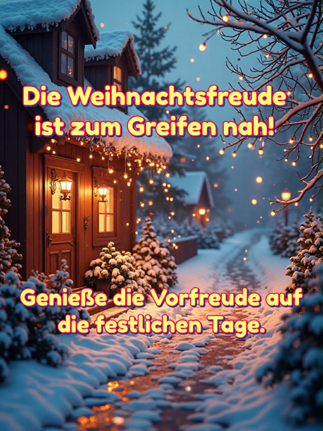 Advent-Bild mit Gruß: 'Die Weihnachtsfreude ist zum Greifen nah! Genieße die Vorfreude auf die festlichen Tage.'
