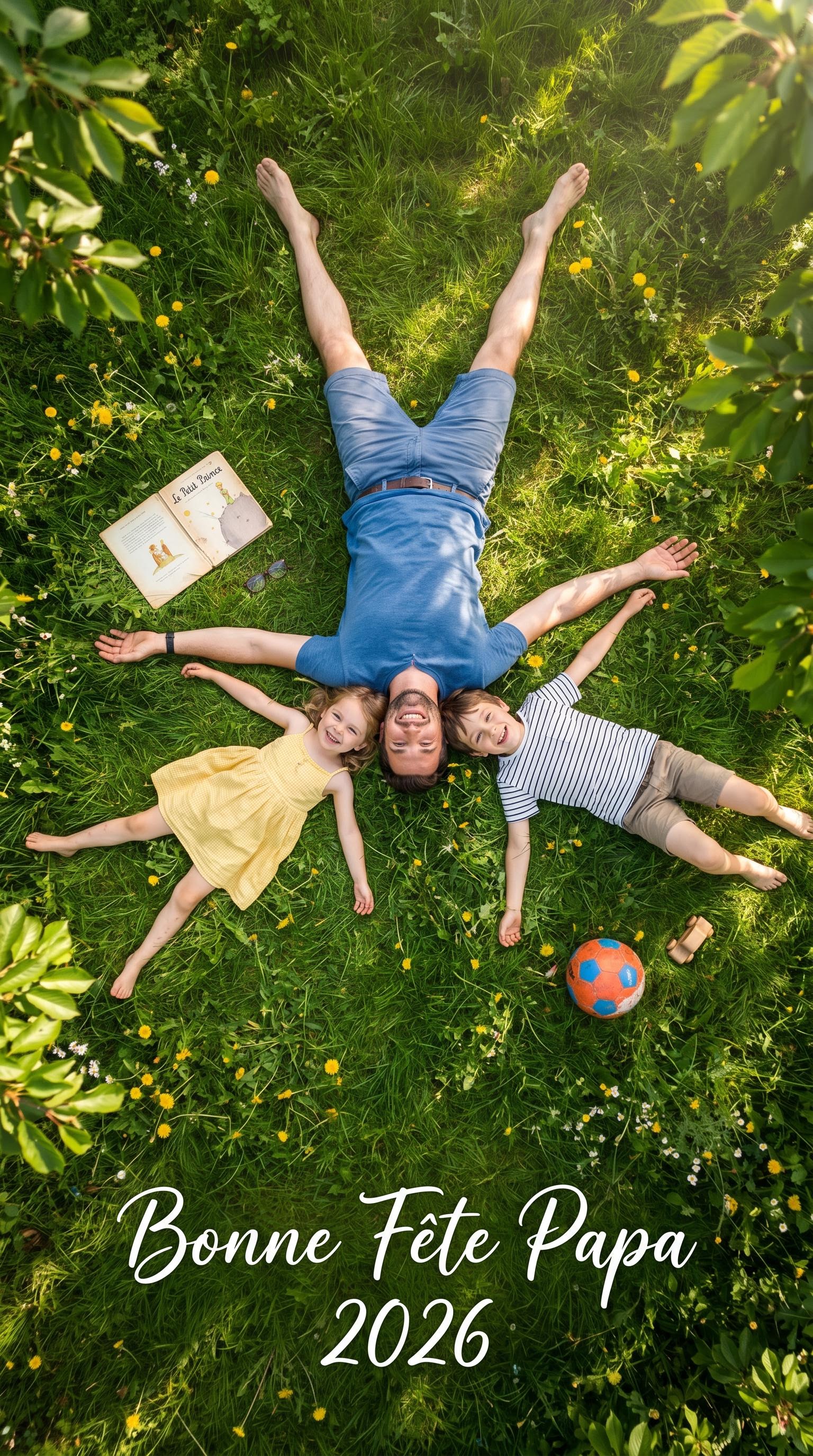 Vue aérienne d'un père et ses enfants dans le jardin pour la fête des pères, générée par IA