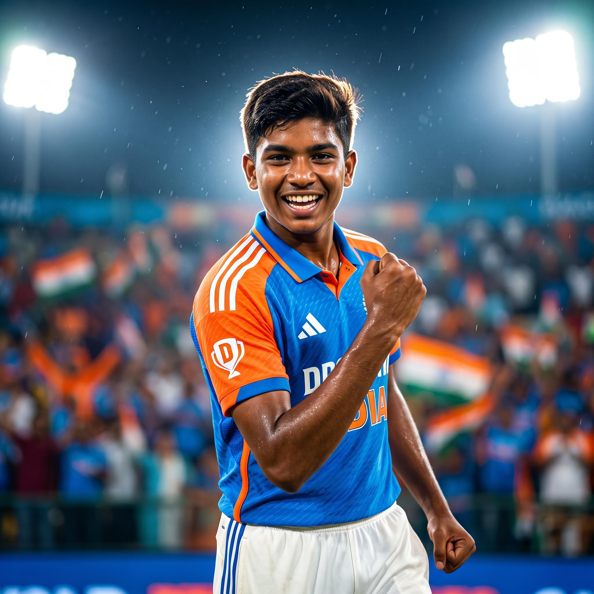 AI result: young man in a bright team jersey with stadium floodlights blazing behind him